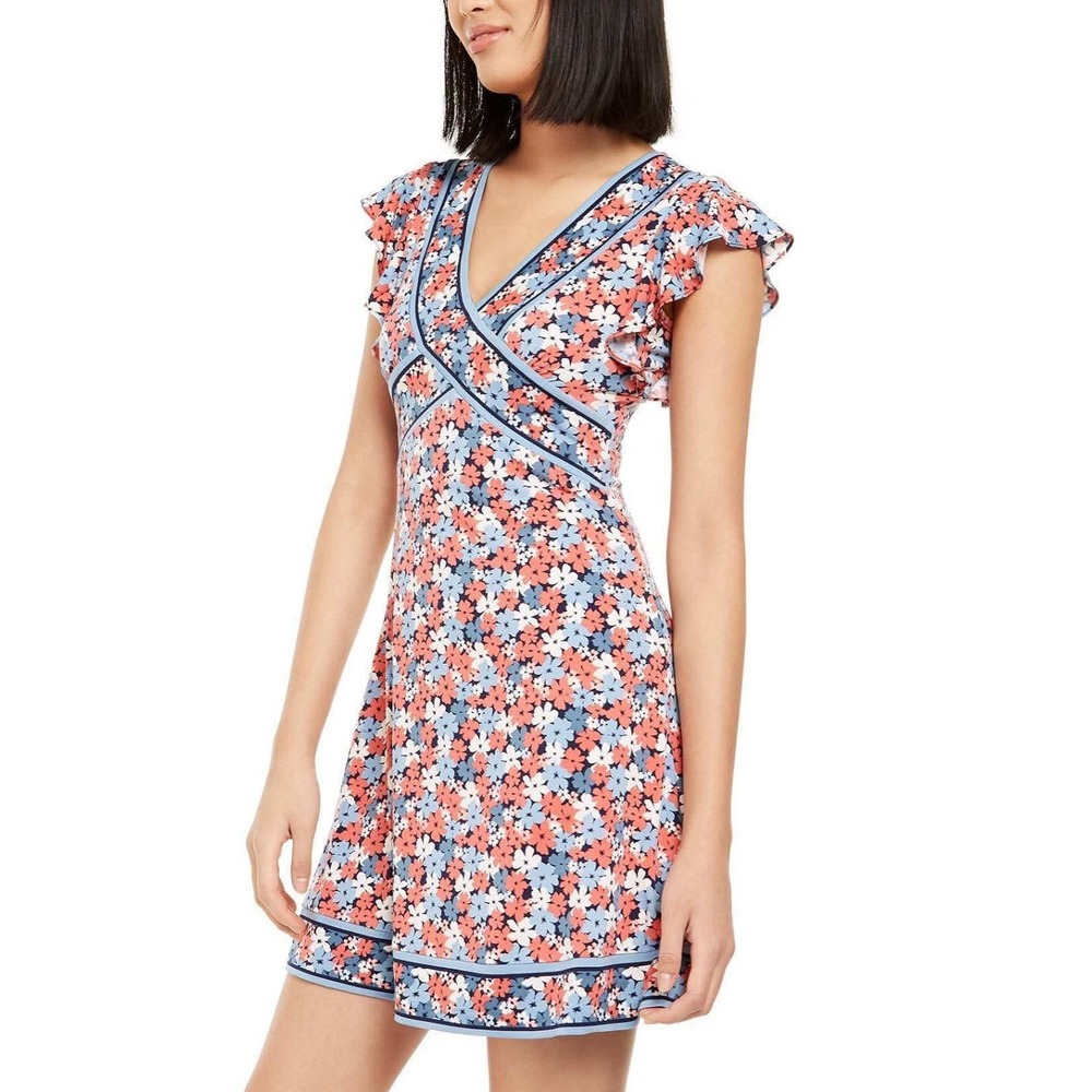 Michael Kors Floral Mini Dress XS Red White Blue Flutter Sleeve V-Neck